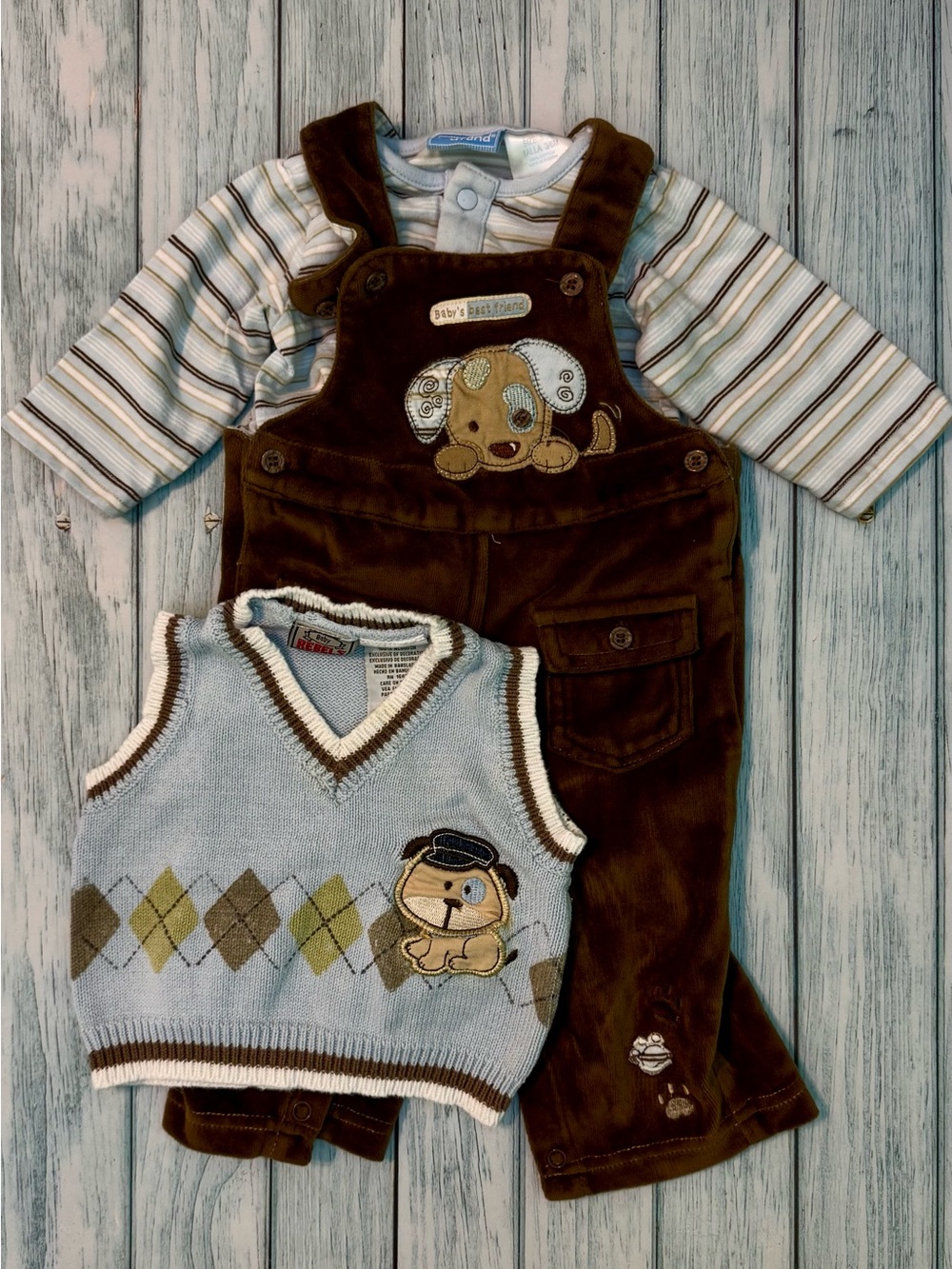 Baby's Best Friend Brown Overalls & Blue Argyle Sweater Vest Set